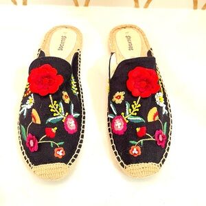 Soludos Black Espadrilles with Colorful Floral Embroidery